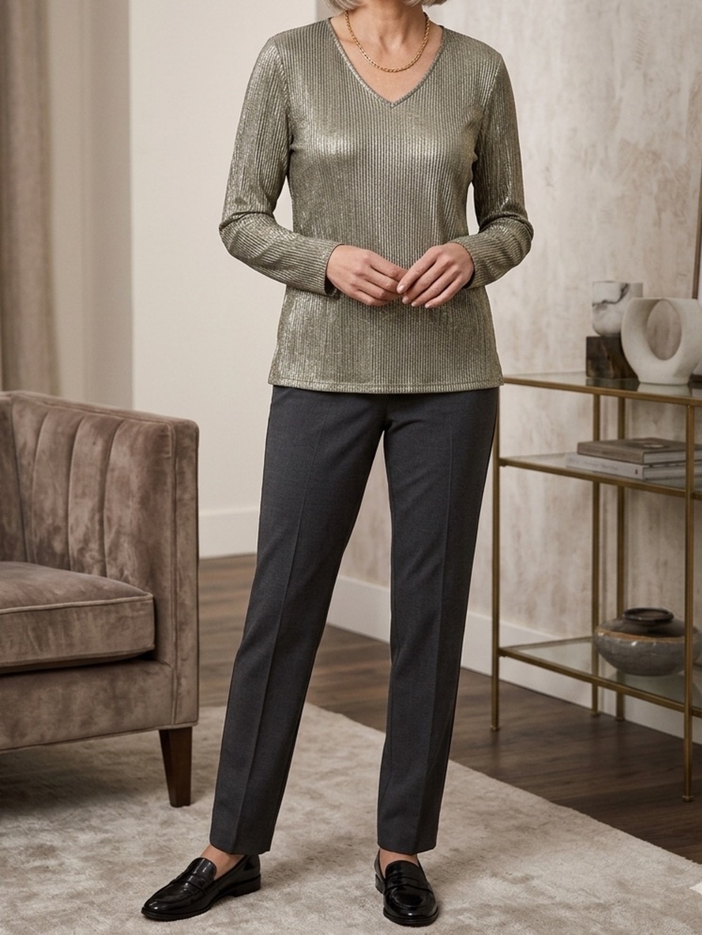 Chico’s Metallic Shimmer V-Neck Long Sleeve Top – Size 2 (Large)